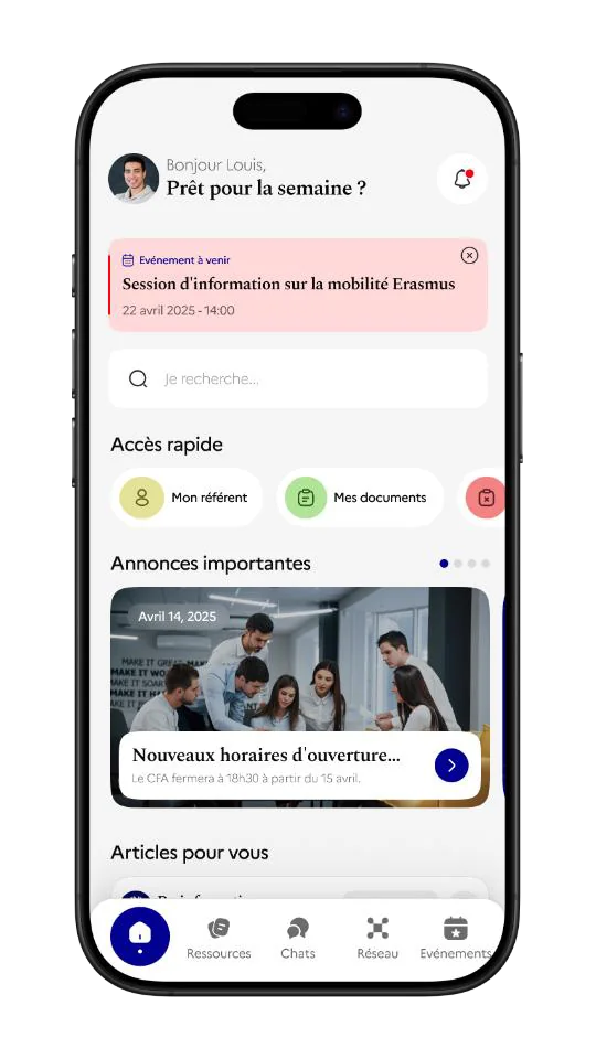 Application apprenti, accueil