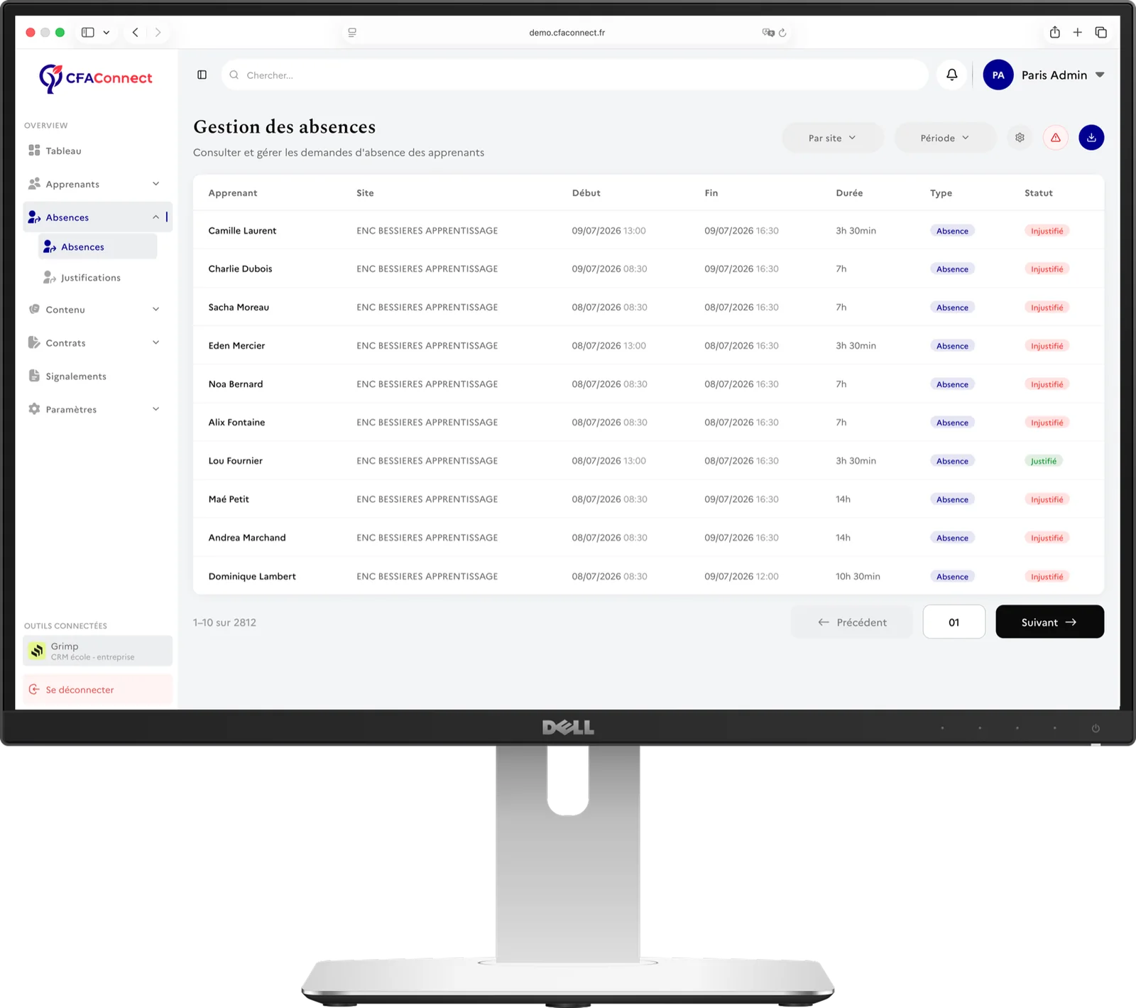 Gestion des absences, tableau de bord du poste de pilotage